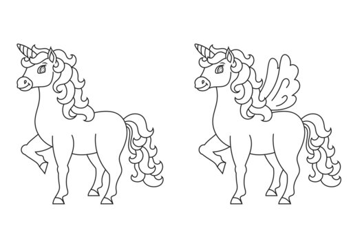 Cute unicorn with wings. Magic fairy horse. Coloring book page for kids. Cartoon style. Vector illustration isolated on white background.