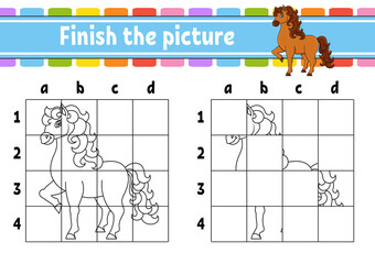 Finish the picture. Cute horse. Farm animal. Coloring book pages for kids. Education developing worksheet. Game for children. Handwriting practice. Coon character. Vector illustration.