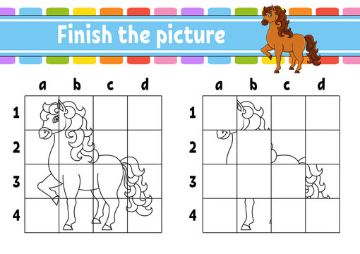 Finish the picture. Cute horse. Farm animal. Coloring book pages for kids. Education developing worksheet. Game for children. Handwriting practice. Coon character. Vector illustration.