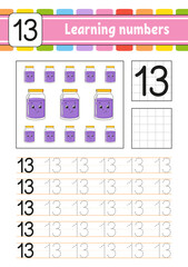 Trace and write numbers. Handwriting practice. Learning numbers for kids. Education developing worksheet. Activity page. Isolated vector illustration in cute coon style.