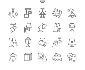Lighting. Chandelier, wall lights, floor lamp, spotlight, sockets and other. Pixel Perfect Vector Thin Line Icons. Simple Minimal Pictogram