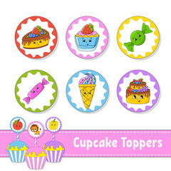 Cupcake Toppers. Set of six round pictures. Cartoon characters. Cute image. For birthday, party, baby shower.