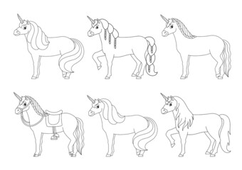 Cute unicorn. Magic fairy horse. Coloring book page for kids. Cartoon style. Vector illustration isolated on white background.