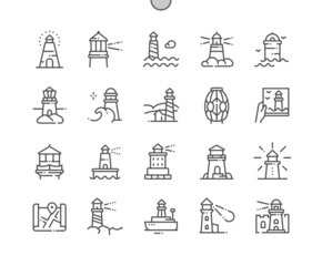 Lighthouse. Beacon lens. Navigation. Travel, signal, tourism, searchlight, seascape, marine. Pixel Perfect Vector Thin Line Icons. Simple Minimal Pictogram