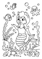 Cute mermaid cat in the underwater world. Coloring book page for kids. Cartoon style. Vector illustration isolated on white background.