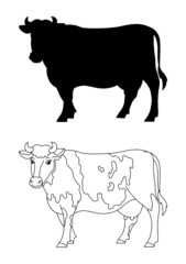 Farm animal cow. Coloring book page for kids. Black silhouette. Cartoon style. Vector illustration isolated on white background.