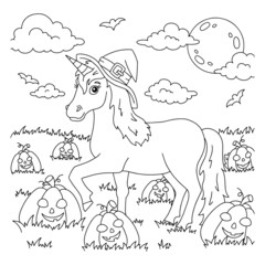 A unicorn in a hat walks across the pumpkin field. Magic fairy horse. Halloween theme. Coloring book page for kids. Cartoon style. Vector illustration isolated on white background.