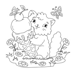 A cute fluffy cat holds delicious appetizing ice cream in its paws. Coloring book page for kids. Cartoon style. Vector illustration isolated on white background.