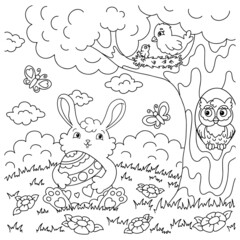 Easter rabbit with egg. Coloring book page for kids. Cartoon style. Vector illustration isolated on white background.