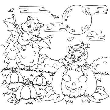 Bat and cat in a pumpkin. Halloween theme. Coloring book page for kids. Cartoon style. Vector illustration isolated on white background.