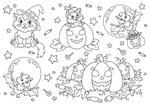 Cat in a witch hat, bat, pumpkin, candy. Halloween theme. Coloring book page for kids. Cartoon style. Vector illustration isolated on white background.