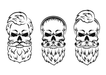 Human skull with beard and mustache. Black silhouette. Design element. Hand drawn sketch. Vintage style. Vector illustration.