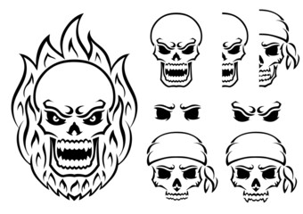 Angry skull. Outline silhouette. Design element. Vector illustration isolated on white background. Template for books, stickers, posters, cards, clothes.