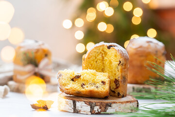 Traditional Italian Christmas cake Panettone with festive decorations 