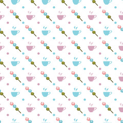 Japanese dessert colorful dango and cup of hot tea isolate on white background. Seamless pattern.