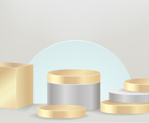 Modern white and gold cylinder pedestal podium, minimal, Stage for awards on website,  Abstract room,