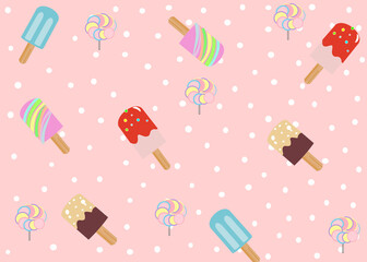  Sweet colorful Ice cream seamless pattern with polka dot background.