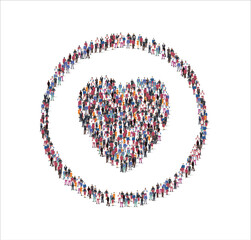 Crowd of people of in the shape of circle heart white background. Vector illustration