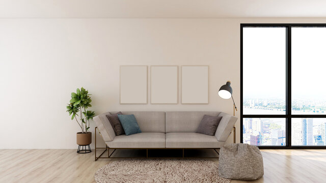 three frame canvas poster wall mockup in living room