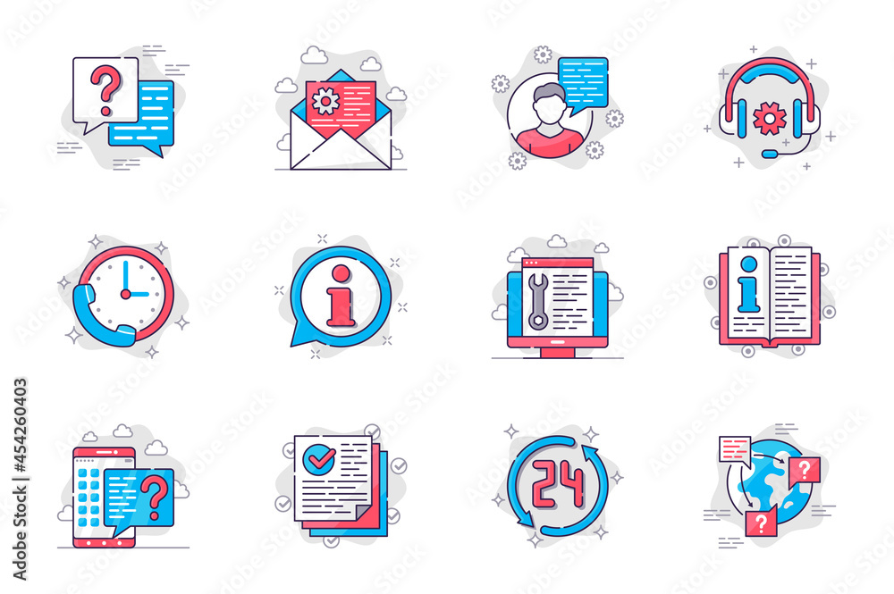 Aufkleber customer support concept flat line icons set. consultation and assistance in call center. bundle of 