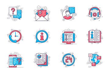 Customer support concept flat line icons set. Consultation and assistance in call center. Bundle of message, headphones, question, faq and other. Vector conceptual pack outline symbols for mobile app - obrazy, fototapety, plakaty