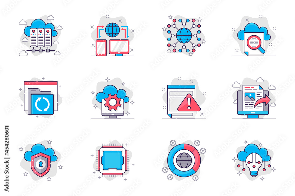 Poster cloud technology concept flat line icons set. cloud storage and database servers. bundle of networki