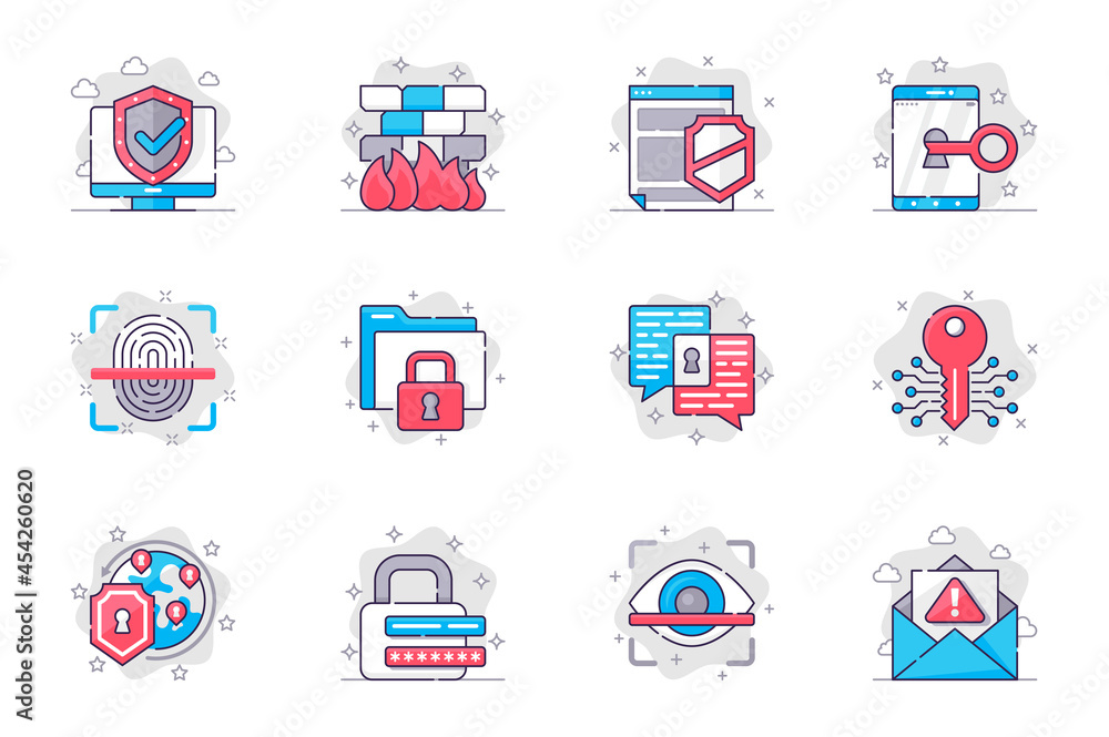 Aufkleber cyber security concept flat line icons set. data protection on internet. bundle of shield, access, k
