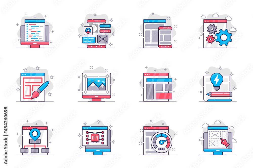 Poster Design and development concept flat line icons set. Website creation and optimization. Bundle of code, layout, settings, structure, api, other. Vector conceptual pack outline symbols for mobile app