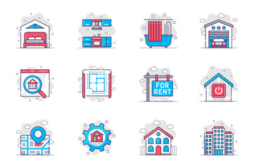 Real estate concept flat line icons set. Buying or renting house or apartment. Bundle of bedroom, kitchen, bathroom, garage, blueprint, other. Vector conceptual pack outline symbols for mobile app
