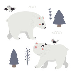 Christmas wild winter vector cute clipart with Polar Bears characters, Christmas trees, decorative elements, birds, new year illustration