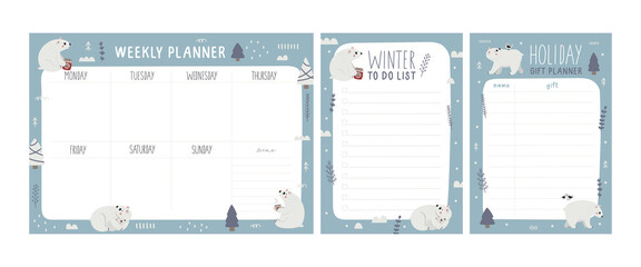 Set of vector weekly planner, gift planner and todo list with Polar Bears, Christmas trees, decorative elements, new year illustration