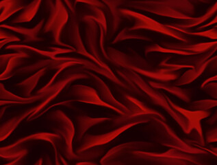 Red brilliant textiles, seamless background with wavy draped fabric pleats, smooth silk texture with wrinkles and creases in the flowing fabric. Digital illustration