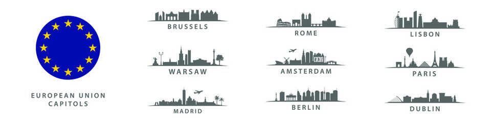 Collection of European Union Capitols, Big CIty on old continent, important metropolis set panorama