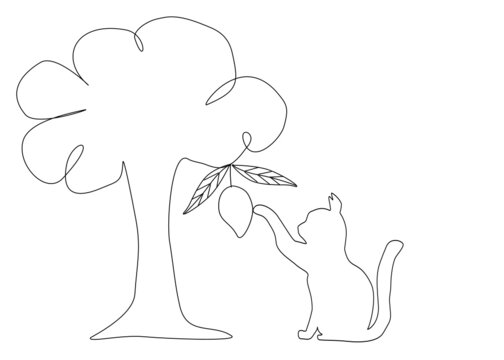Line art, doodle cartoon cat,mango tree isolate on white background. Design for children are painting , for your business.