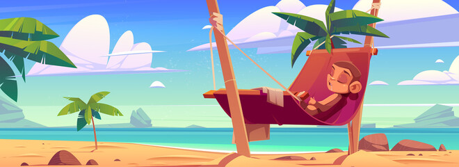 Funny monkey sleeping in hammock on tropical seaside beach with ocean view, rocks and palm trees, cute ape cartoon character relaxed lifestyle, outdoor zoo park, islander wildlife, Vector illustration © klyaksun