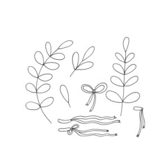 abstract leaves and ribbons set. hand drawn doodle. vector, scandinavian, nordic, minimalism, monochrome. plant, herbarium. wedding decor.