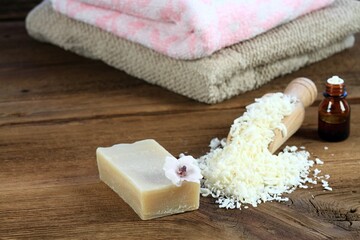 Homemade laundry detergent. It is made from grated soap, crystalline sodium, essential oil and water.