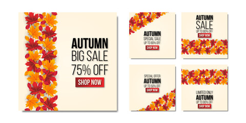 Autumn sale social media template set background.Premium Vector