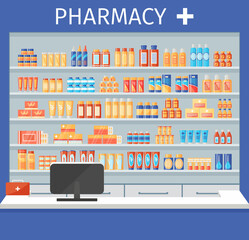 Obraz premium Pharmacy shelf with medical products. Medicines and medications on drugstore shelves. Pharmaceutical counter with pills, bottles packets liquids syrup capsules. Hospital store. Vector illustration