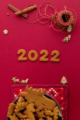 gingerbread cookie flatley cinnamon and burgundy background new year