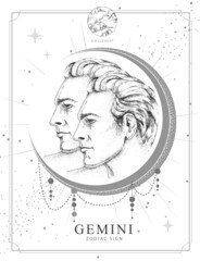 Modern magic witchcraft card with astrology Gemini zodiac sign. Realistic hand drawing men portraits illustration. Zodiac characteristic