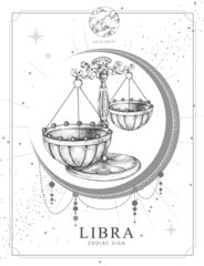 Modern magic witchcraft card with astrology Libra zodiac sign. Realistic hand drawing scales illustration