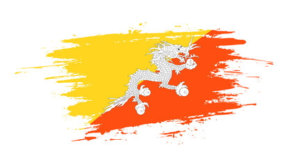 Hand drawn brush stroke flag of Bhutan. Creative national day hand painted brush illustration on white background
