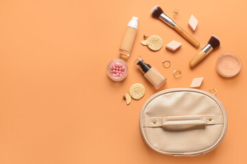 Stylish bag and decorative cosmetics on color background
