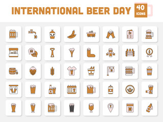 Set of International Beer Day(IBD) Icon In Brown and Pink Color.