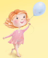 A red-haired girl in a pink dress, running after a balloon, a colorful children's illustration that evokes joyful emotions. Digital illustration, high resolution.