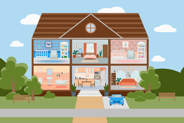 House cut. Detailed home interior with furniture. Kitchen, living room, bedroom, children's rooms for girls and boys.