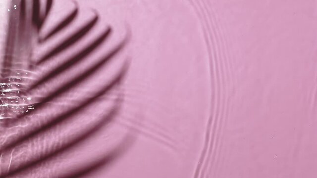 Water banner background. Pink aqua texture, surface of ripples, rings, transparen and sunlight. Spa concept background. Flat lay, top view, copy space	