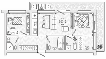 Vector floor plan. Architectural project of interior house. Set of thin line icons for top view plans. Furniture and elements for living room, bedroom, kitchen, bathroom. Sketch of furniture layout