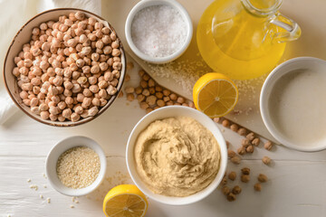 Bowl with tasty hummus and ingredients on light wooden background